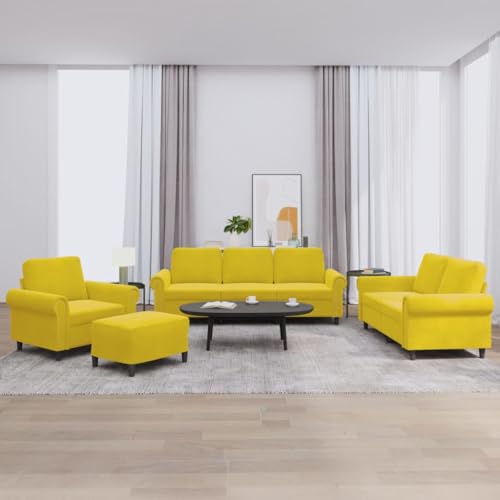 YUOTYRKTEJRSG 4-Piece Yellow Velvet Sofa Set with Cushions. Living Room Furniture. Modern 3 Seater Sofa. 2 Seater. Armchair and Ottoman. Soft Fabric. Sturdy Frame. Comfortable Seating for Home Decor von YUOTYRKTEJRSG