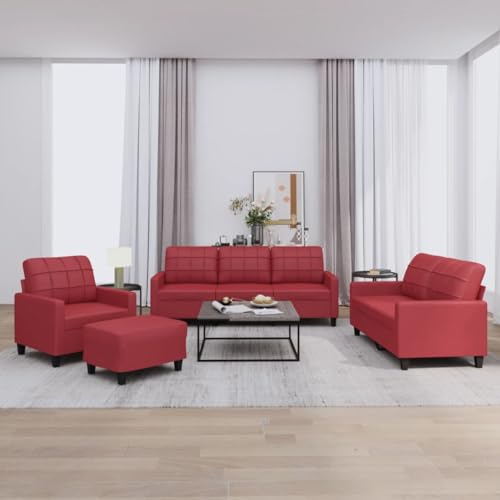 YUOTYRKTEJRSG 4-TLG. Sofagarnitur mit Kissen Weinrot Kunstleder Set. Lederoptik Wohnzimmer Couchgarnitur mit Hocker. Bequemes Sofa Set für Wohnzimmer. Esszimmer. Büro von YUOTYRKTEJRSG