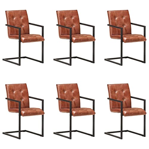 YUOTYRKTEJRSG 6 Piece Brown Genuine Leather Dining Chairs Set with Retro Design Freischwinger Swivel Chairs for Kitchen Restaurant Bar Comfortable Seating with Steel Frame 110kg Capacity von YUOTYRKTEJRSG