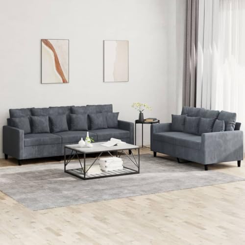 YUOTYRKTEJRSG Dark Grey Velvet 2-Piece Sofa Set with Cushions. Modern Living Room Furniture for Small Spaces. Soft Fabric 2+3 Seater Couch with Pillows. Comfortable Lounge Sofa for Home Decor von YUOTYRKTEJRSG
