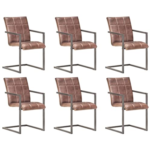 YUOTYRKTEJRSG Freischwinger 6 STK. Braun Echtleder Dining Chairs Retro Design Leather Upholstered Kitchen Restaurant Seating with Iron Frame Comfortable Ergonomic von YUOTYRKTEJRSG