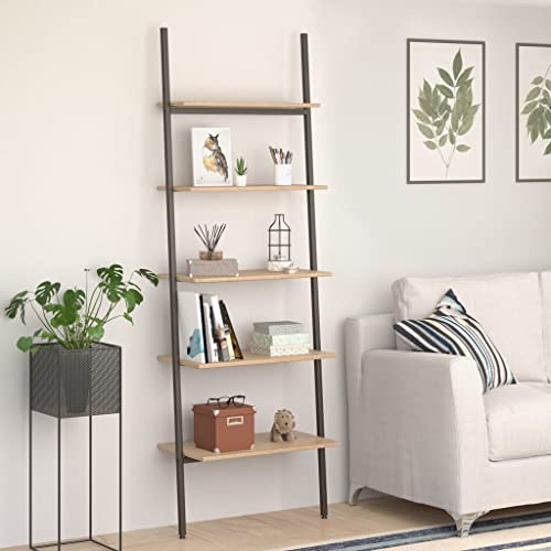 YUOTYRKTEJRSG Leiterregal mit 5 Böden Hellbraun und Schwarz 64x34x185,5 cm Büro Schrank Badregal Kleiner Schrank Bücherschrank für Arbeitszimmer Schlafzimmer Buchhandlung Balkon von YUOTYRKTEJRSG