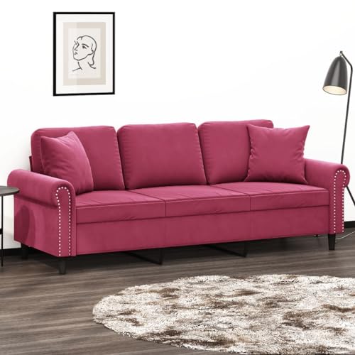 YUOTYRKTEJRSG Modern 3-Seater Sofa with Decorative Cushions Wine Red 180 cm Velvet Upholstery Comfortable Living Room Furniture for Relaxing and Entertaining von YUOTYRKTEJRSG