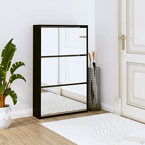 YUOTYRKTEJRSG Modern Shoe Cabinet with Mirror 3 Flip Compartments Black 63x17x102.5 cm for Hallway & Bedroom Space Saving Storage Organizer for 9-12 Pairs Shoes Durable Engineered Wood & Glass Design von YUOTYRKTEJRSG