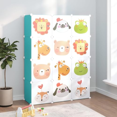 YUOTYRKTEJRSG Modular Kids Wardrobe with 12 Cubes Green PP - Children Storage Shelf Organizer for Toys & Books, Sturdy Steel Frame, Easy Assembly, Waterproof Plastic Panels, Space Saving Design von YUOTYRKTEJRSG