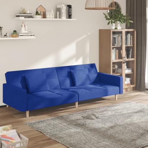 YUOTYRKTEJRSG Schlafsofa 2-Sitzer Blau Stoff Sofabett Gästebett mit 2 Kissen für Wohnzimmer Schlafzimmer. 220 cm Länge. Einfach Umklappbar. Bequem und Stabil von YUOTYRKTEJRSG