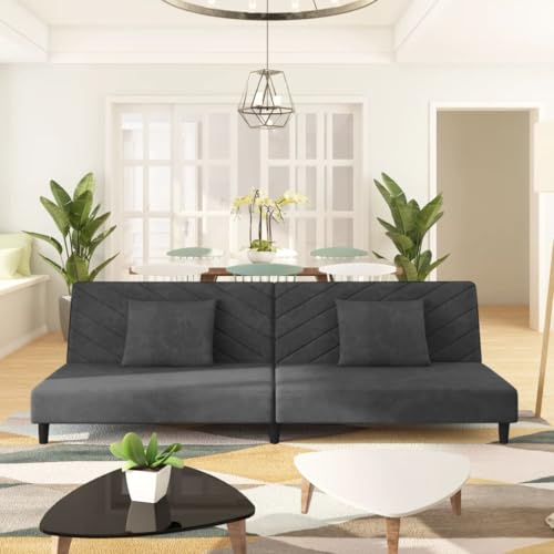 YUOTYRKTEJRSG Schlafsofa 2-Sitzer Dunkelgrau Samt Bettcouch Gästebett mit 2 Kissen für Wohnzimmer Schlafzimmer Sofabett 2-in-1 Funktion Holzrahmen von YUOTYRKTEJRSG