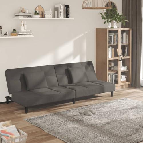 YUOTYRKTEJRSG Schlafsofa 2-Sitzer mit 2 Kissen Dunkelgrau Samt Sofabett Gästebett Wohnzimmer Schlafcouch mit Holzrahmen Polyester Bezug 110kg Tragkraft von YUOTYRKTEJRSG