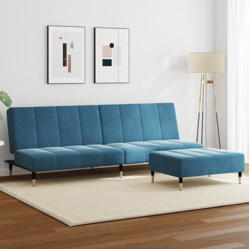 YUOTYRKTEJRSG Schlafsofa 2-Sitzer mit Fußhocker Blau Samt Sofabett Gästebett Wohnzimmer Schlafcouch Komfortabel Einfach Umklappbar von YUOTYRKTEJRSG