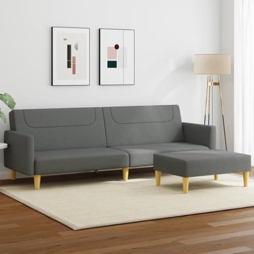 YUOTYRKTEJRSG Schlafsofa 2-Sitzer mit Fußhocker Dunkelgrau Stoff Sofabett Gästebett Wohnzimmer Schlafcouch mit Verstellbarer Rückenlehne und robustem Holzrahmen von YUOTYRKTEJRSG