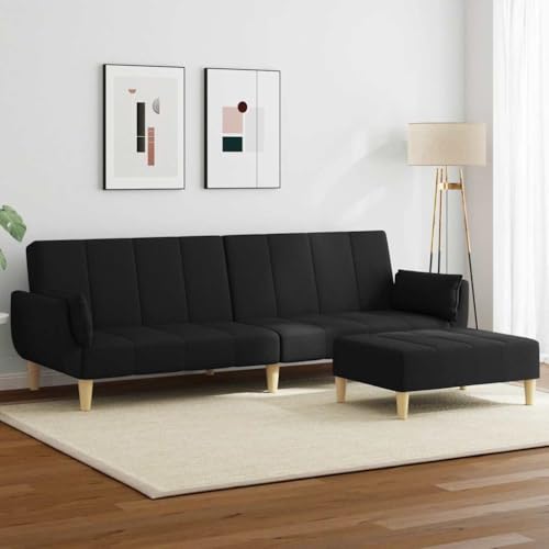 YUOTYRKTEJRSG Schlafsofa 2-Sitzer mit Fußhocker Schwarz Stoff Sofabett Gästebett Wohnzimmer Schlafcouch Klappbett mit Hocker für kleine Räume von YUOTYRKTEJRSG