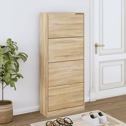 YUOTYRKTEJRSG Schuhschrank Sonoma-Eiche 63x24x147 cm Holzwerkstoff - Modern Shoe Cabinet with 4 Flip Doors, Sturdy Particle Board, Space Saving Design for Hallway, Living Room, Entryway von YUOTYRKTEJRSG