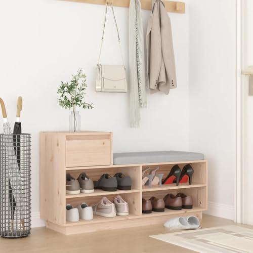 YUOTYRKTEJRSG Solid Pine Wood Shoe Rack 110x34x61 cm with 4 Compartments & Drawer Rustic Entryway Storage Organizer for Hallway, Living Room Sturdy Shelf for Shoe Display & Home Decor von YUOTYRKTEJRSG