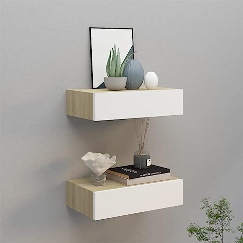 YUOTYRKTEJRSG Wandregale mit Schubladen 2 STK. Eichen-Optik Weiß 40x23,5x10cm Schwebendes Regal Wand Regale Regale Für Wände Kleines Wandregal für Küche Badezimmer Arbeitszimmer Wohnzimmer von YUOTYRKTEJRSG