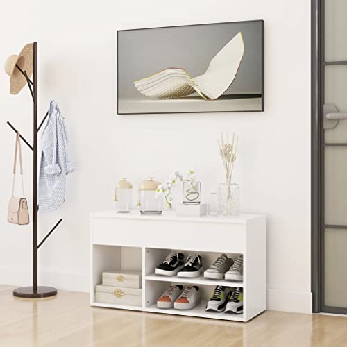 YUOTYRKTEJRSG White Shoe Bench with Storage 80x30x45 cm, Modern Cabinet Organizer with 2 Shelves and Drawer, Sturdy Wooden Shoe Rack for Entryway Hallway, Comfortable Seating Bench for Home Decor von YUOTYRKTEJRSG
