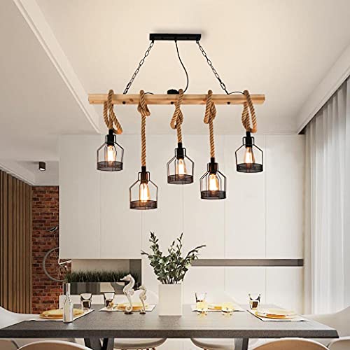 Vintage Pendelleuchte Esstischlampe Holz Kronleuchter Höhenverstellbar Hängelampe Hanfseil DIY Verstellbare Hängeleuchte Industrial Retro Eisen Pendelampe Wohnzimmer Küche Bar Deckenleuchte E27*5 (A) Vintage Pendelleuchte Esstischlampe Holz Kronleuchter Höhenverstellbar Hängelampe Hanfseil DIY Verstellbare Hängeleuchte Industrial Retro Eisen Pendelampe Wohnzimmer Küche Bar Deckenleuchte E27*5 (A) von YUPIN