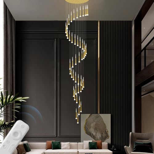 YUPIN Moderne LED Pendelleuchte Long Tube Pendelleuchte Kreative Drehbare Treppenhaus Pendelleuchte Stufenlos Dimmbar Mit Fernbedienung Geeignet Für Treppenhaus Loft Villa Hotel Golden(48heads) von YUPIN