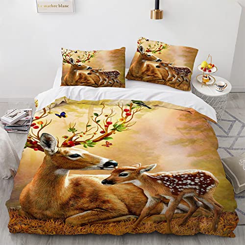 YURKO 200 X 200 cm Bettdecke Bezug 200X200Cm Mit 2 Kissenbezügen 80X80Cm Kein Bügeln Hirsch Elch REH Tiere Bügelfreie Bettwäsche Polyester Baumwolle von YURKO