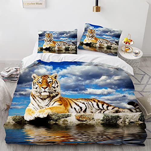 YURKO Deckenbezug 135X200 Tiger Tigermotiv Tiere Mit 2 Kissenbezügen 80X80Cm Polyester Baumwolle Bettbettwäsche 3Teiligwäsche Leinen Kein Bügeln 135X200Cm von YURKO