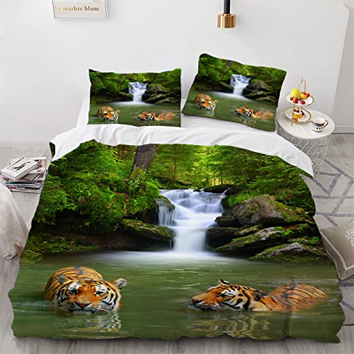 YURKO Polyester Baumwolle 3D Bettwäsche Tiger Tigermotiv Tiere 135X200Cm Mit 2 Kissenbezügen 80X80Cm Sommer Winter Bettdecke 135X200 Kein Bügeln von YURKO