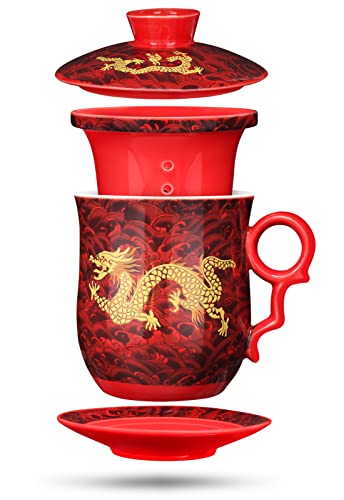 YURROAD 4 in 1 Chinesische Teetasse mit Sieb Deckel Infusor und Untertasse 350ml Tee Becher Porzellan Teetasse Chinesische Drache Muster Teetasse mit Deckel Chinesische Teetassen für Geschenk - Rot von YURROAD