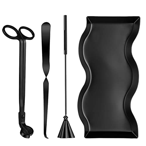 YURROAD 4 in 1 Kerzenzubehör Werkzeug Set Kerzenlöscher Set in Schwarz mit Kerzenlöscher Kerzenschneider Kerzendocht Tablett Teller für Kerzenliebhaber Einweihungsgeschenke LAZ130 (schwarz) von YURROAD