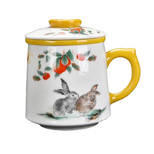 YURROAD 415ml Chinesische Teetassen Keramik Tee Becher 3 in 1 Teetasse mit Deckel und Sieb Porzellan Kaninchen Teebecher mit Handgriff Tee Tassen Geschenk Chinese Tea Cup für Personalisierte Tasse von YURROAD