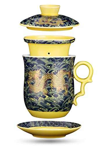 YURROAD Chinesische Tassen mit Deckel - 350ml Teetasse mit Sieb - 4 in 1 Chinesische Teebecher mit Infusor Untertasse Sieb und Deckel - Keramik Teetasse Chinesische Drache Muster - Tasse Dunkelgrün von YURROAD
