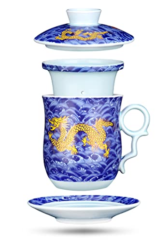 YURROAD 350ml Chinesische Teetasse, 4 in 1 Tee Becher Porzellan mit Sieb/Infusor/Deckel und Untertasse, Teetasse Chinesische Drache Muster, Teetasse mit Sieb, Chinesische Tassen mit Deckel - Blau von YURROAD
