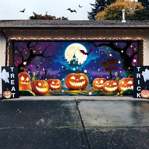 Halloween-Garagentor-Dekorationen mit Kürbis-Design, langlebige Halloween-Garagentor-Banner für Doppelgaragentore 2,1x4,8m, Party-Hintergrund für den Außenbereich Halloween-Garagentor-Dekorationen mit Kürbis-Design, langlebige Halloween-Garagentor-Banner für Doppelgaragentore 2,1x4,8m, Party-Hintergrund für den Außenbereich von YUSPENYE