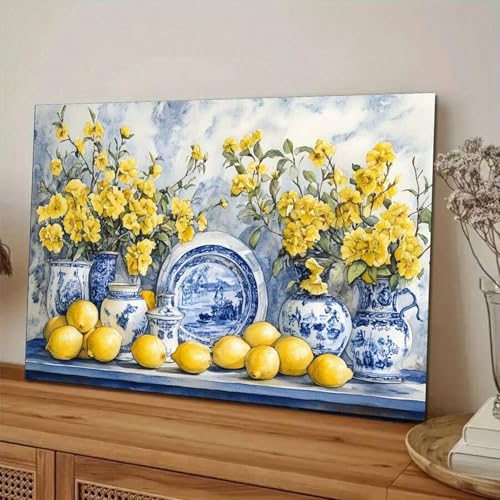 YUSUZHU Gemälde mit zitronengelben Blumen in einer Vase, detailliertes Aquarellgemälde, Poster, Wohnzimmer-Wanddekoration, Leinwandbild, 21 x 30 cm, rahmenlos von YUSUZHU