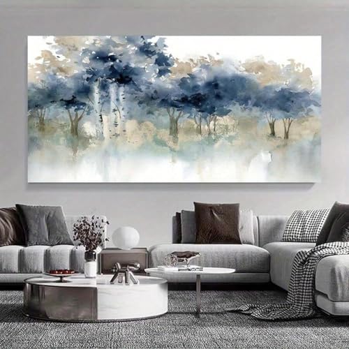 YUSUZHU Großer Kunstdruck auf Leinwand – Blaues abstraktes Landschaftsposter, Art-Deco-Tuschemalerei für das Home Office – Gestreifte Wanddekoration für den Innenbereich, 70 x 140 cm, mit Rahmen von YUSUZHU