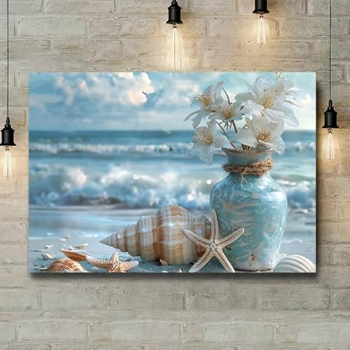 YUSUZHU Leinwandbild mit Strandmotiven, Poster mit Blumen, Seesternen und Muscheln, Foto, Vintage-Wandbild, Leinwanddrucke, 80 x 140 cm, mit Rahmen YUSUZHU Leinwandbild mit Strandmotiven, Poster mit Blumen, Seesternen und Muscheln, Foto, Vintage-Wandbild, Leinwanddrucke, 80 x 140 cm, mit Rahmen von YUSUZHU