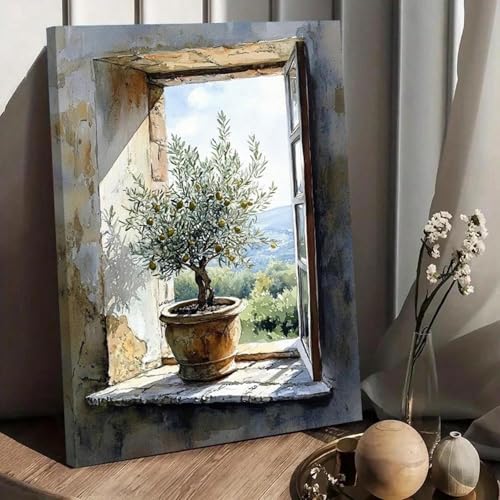 YUSUZHU Rustikaler Olivenbaum als Leinwandbild – dekorative Fensterszene mit Steinhaus und Olivenbaum, Poster, Gemälde, Leinwanddrucke, 30 x 45 cm, mit Rahmen von YUSUZHU