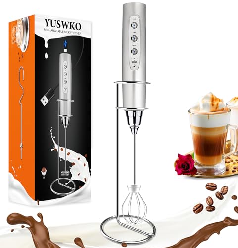 YUSWKO Milchaufschäumer Stab für Kaffee mit Ständer, Usb Wiederaufladbarer Aufschäumer, 3 Schneebesen-Köpfe 3 Geschwindigkeiten, Milchaufschäumer Elektrisch für Milchkaffee, Cappuccino, Getränkepulver von YUSWKO