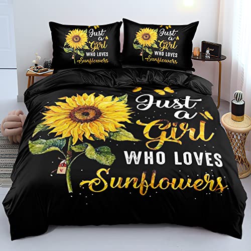 Chanyuan Bettwäsche 135x200cm Gelb Sonnenblume Muster Mädchenbettwäsche Kinderbettwäsche Set Weich Mikrofaser Schwarz Bettbezug mit Reißverschluss und Kissenbezug 80x80cm von YUTNSAN