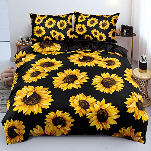 Chanyuan Bettwäsche Gelb Sonnenblume 155x220cm Mädchenbettwäsche Kinderbettwäsche Set Blumen Muster Weich Mikrofaser Schwarz Bettbezug mit Reißverschluss und Kissenbezug 80x80cm von YUTNSAN