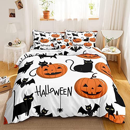 Chanyuan Bettwäsche Halloween 135x200cm Orange Kürbis Laterne für Kinder Jungen Mädchen Mikrofaser Schwarz Katze Schläger Muster Weiß Bettbezug mit Reißverschluss und Kissenbezug 80x80cm von YUTNSAN