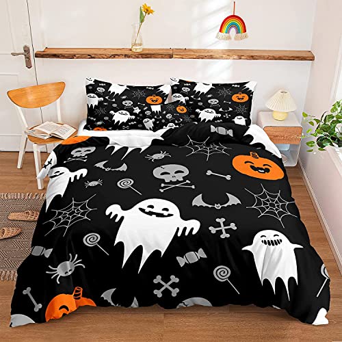 Chanyuan Bettwäsche Halloween 155x220cm Kürbis Laterne Geist Schläger Muster für Kinder Jungen Mädchen Weich Mikrofaser Schwarz Bettbezug mit Reißverschluss und Kissenbezug 80x80cm von YUTNSAN