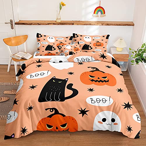 Chanyuan Bettwäsche Halloween 155x220cm Kürbis Laterne Katze Muster für Kinder Jungen Mädchen Weich Mikrofaser Orange Schwarz Bettbezug mit Reißverschluss und Kissenbezug 80x80cm von YUTNSAN