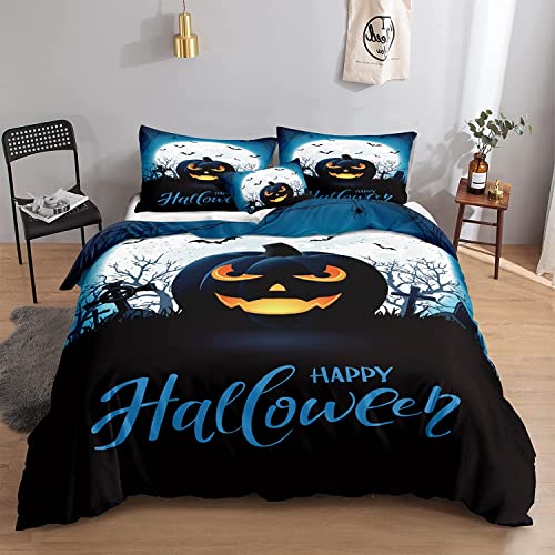 Chanyuan Bettwäsche Halloween Thema 135x200cm Kürbis Laterne Muster für Kinder Jungen Mädchen Weich Mikrofaser Blau Schwarz Bettbezug mit Reißverschluss und Kissenbezug 80x80cm von YUTNSAN