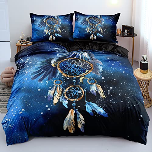 Chanyuan Traumfänger Bettwäsche 200x220cm Blau Federn Muster 3 Teilig Mädchenbettwäsche Kinderbettwäsche Set Weich Mikrofaser Schwarz Bettbezug Boho Exotisch Stil mit Reißverschluss von YUTNSAN