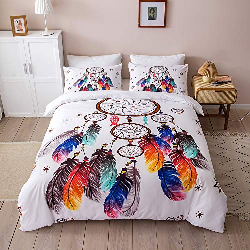 Chanyuan Traumfänger Bunt Feder Muster Bettbezug 200x220cm, 3 Teilig Weiß Bettwäsche Set Mädchen Kinder Weich Mikrofaser Exotisch Boho Bohemian Federn Stil mit Kissenbezug 80x80cm von YUTNSAN