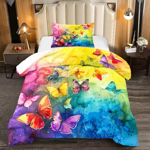 YUTNSAN Bettwäsche 200x200cm Bunt Schmetterling Thema Kinder Mädchen 3 Teilig Bettwäsche Set Mikrofaser Colorful Modern Bettbezug und Kissenbezug 80x80cm von YUTNSAN