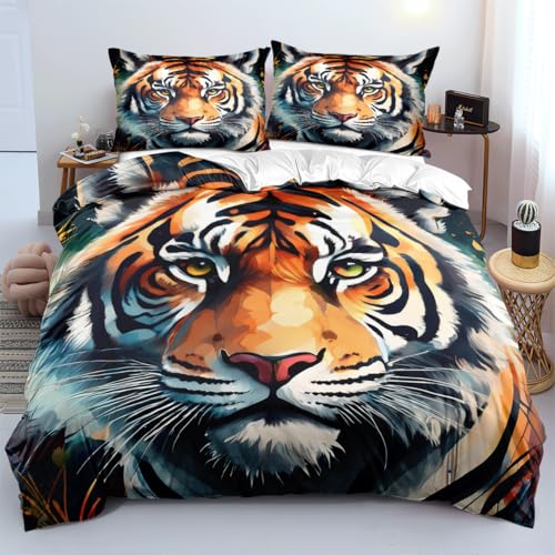 YUTNSAN Bettwäsche 3D Tiger Muster 135x200cm Kinder 2 Teilig Tier Thema Bettwäsche Set Modern Weich Mikrofaser Bettbezug und Kissenbezug 80x80cm von YUTNSAN