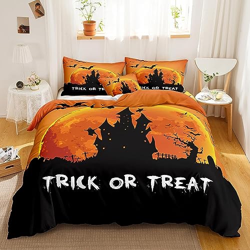 YUTNSAN Bettwäsche Halloween 220x240cm Schläger Schwarz Trick or Treat Muster für Kinder Jungen Mädchen Mikrofaser Orange Bettbezug mit Reißverschluss und Kissenbezug 80x80cm von YUTNSAN