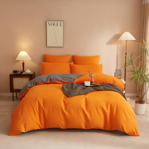YUTNSAN Bettwäsche Set 200x200cm Orange Grau Unifarben 3 Teilig WendeBettwäsche Einfarbig Microfaser Modern Bettbezug mit Reißverschluss und Kissenbezug 80x80cm von YUTNSAN
