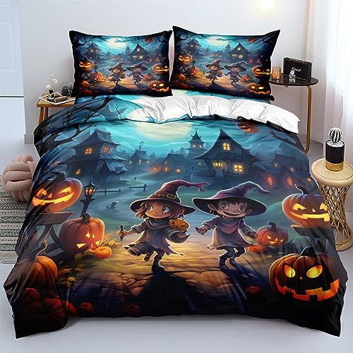 YUTNSAN Halloween Bettwäsche 135x200cm Kürbis Laterne Muster für Kinder Jungen Mädchen Mikrofaser Blau Orange Bettbezug mit Reißverschluss und Kissenbezug 80x80cm von YUTNSAN