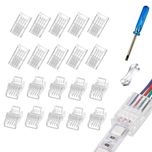 YUTOKEER 4-poliger 8mm SMD LED Anschluss-Set – 20 Stück, lötfreier Verbinder für 8mm RGB LED-Streifen, kompatibel mit IP20/IP65, inklusive Schraubendreher und Öffnungswerkzeug (20) von YUTOKEER