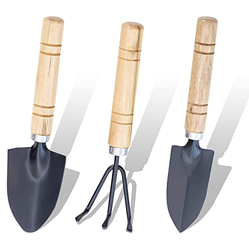 3-teilig Mini Gartenwerkzeug Set YUTOU Mini Schaufel Bonsai Werkzeuge Set Mini Garten Spaten Klaue Rechen Schaufel Holzgriff Handheld Mini Schaufel Spaten Rechen Gartenset Werkzeug von YUTOU